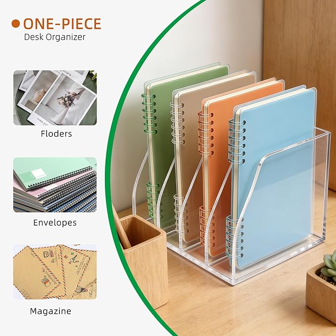 Acrylic Magazine File Holder, 4 Vertical Compartments Desk Document Sorter Organizer, Clear Folder Rack Binder for Office, Documents, Tablets, Magazines, Books – Home/Classroom Rack