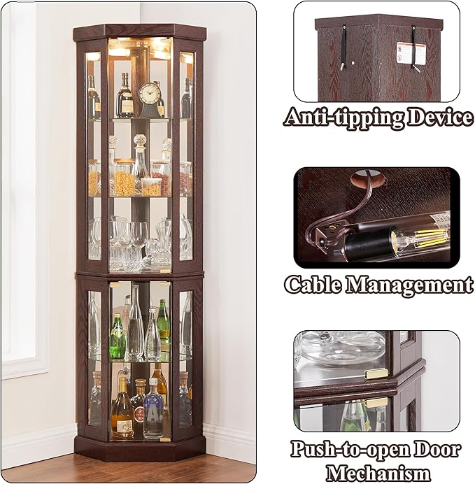 69" H Lighted Curio Cabinet Corner Display Case,Corner Glass Cabinet with Tempered Glass Door and Adjustable Shelves,Wooden Curio case with Mirrored Back Pane (Style 2 - Dark Cherry)