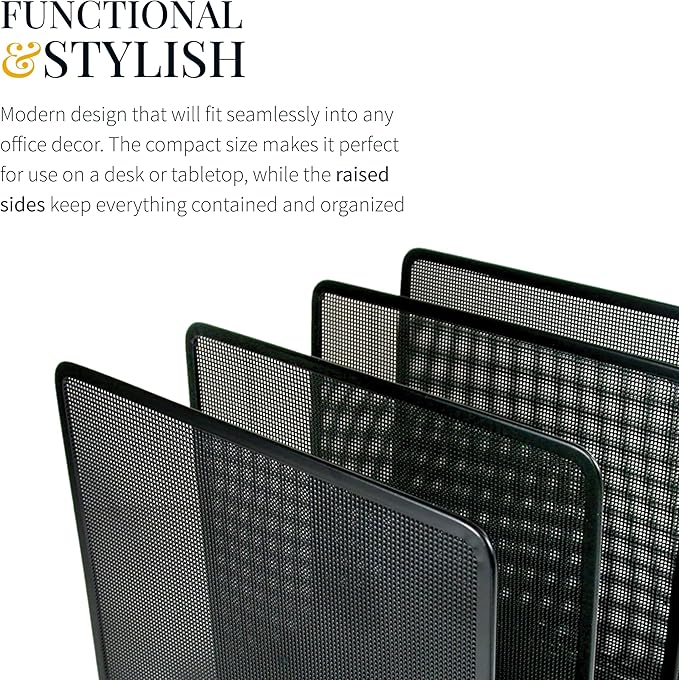 Artistic Contemporary Mesh Metal Desktop File Sorter for Neat and Organized Surfaces in Office, School, and Home, Black