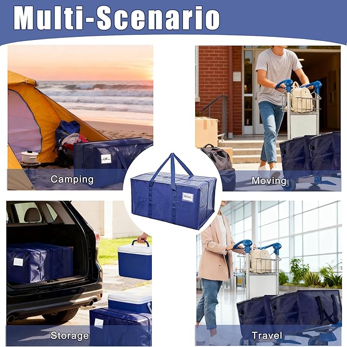 Extra Heavy Duty Moving Bags - 23 Gallon Extra Large Storage Bags 65 lbs Capacity, Waterproof Foldable Packing Bags for College Students, Camping & Closet Organizati (4PCS-Center Zipper)