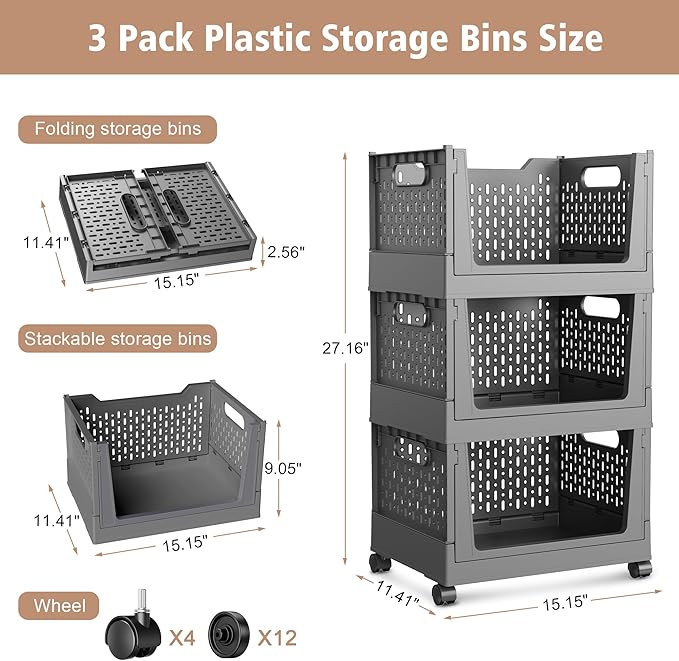 Stackable Storage Bins, Foldable Closet Organizers and Storage Bins Box, Plastic Shelves Drawer Organizer Container for Closet Office Bedroom Kitchen Bathroom with Wheels, Grey, 3 Pack