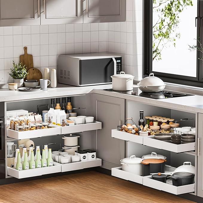 2 Pack Pull Out Cabinet Organizers, Width (12"-19") and Depth (17"-23") Expandable With 3 Slides, No Drill Slide out Drawers Adhesive Film or Nail Cabinets Without Lip in Kitchen, Pantry or Bathroom