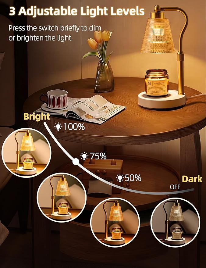 Candle Warmer Lamp for Jar Candles, Height Adjustable & Dimmable with 2/4/8H Timer, 2*50W Halogen Wax Melter Warmer for Home Office Décor, Flameless & Smokeless, Gift for Women Mom,Gold- Amber/1 Pack