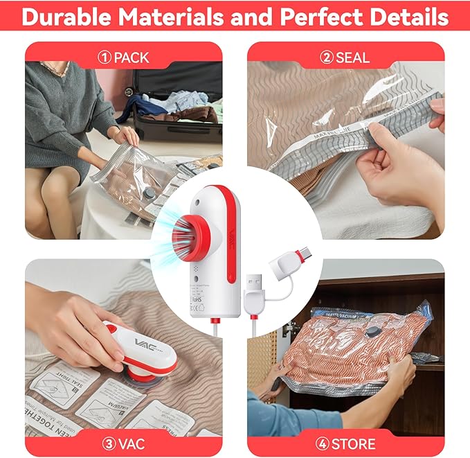 12 Pack Vacuum Bags for Travel with USB & TYPE C Pump,Compression Packing Cubes for Luggage,Carry-on Space Saver Vacuum Seal Bags&Vacuum Storage Bags for Vacation(Red)
