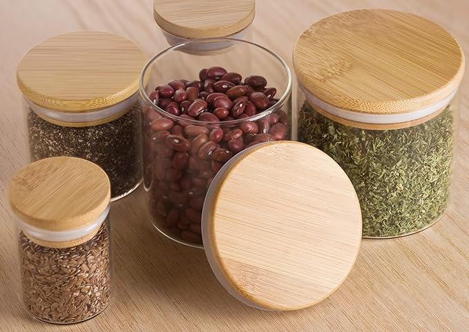 JUVITUS (12 Pack) 10 oz Clear Glass Jar with Bamboo Silicone Sealed Lid