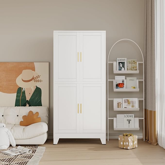 47“H White Metal Bathroom Storage Cabinet, Kitchen Pantry Cabinet with Doors and 3 Adjustable Shelves, Bathroom cabinets Organizer, for Home Office, Bedroom