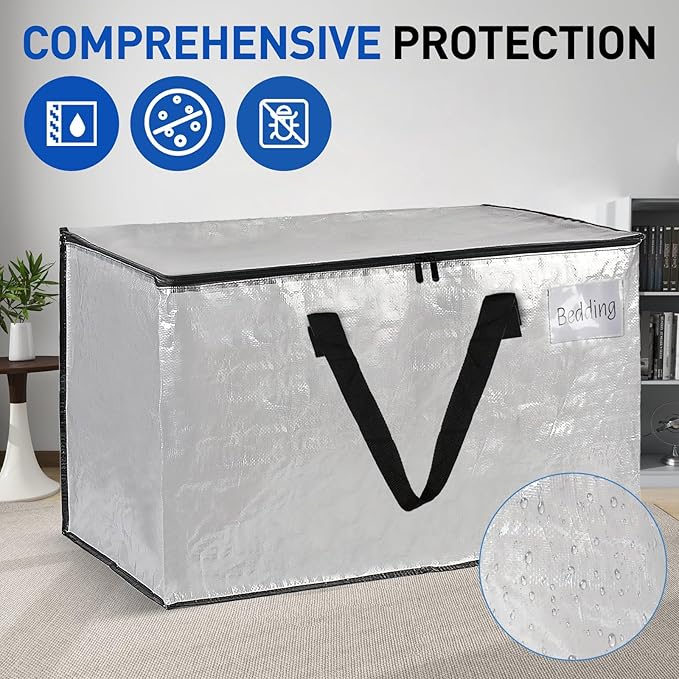 Rolett 4 Pack Extra Large Moving Bags, Heavy Duty Storage Bags with Strong Zippers & Carrying Handles, Storage Totes for Space Saving, Fold Flat, Alternative to Moving Box and bins