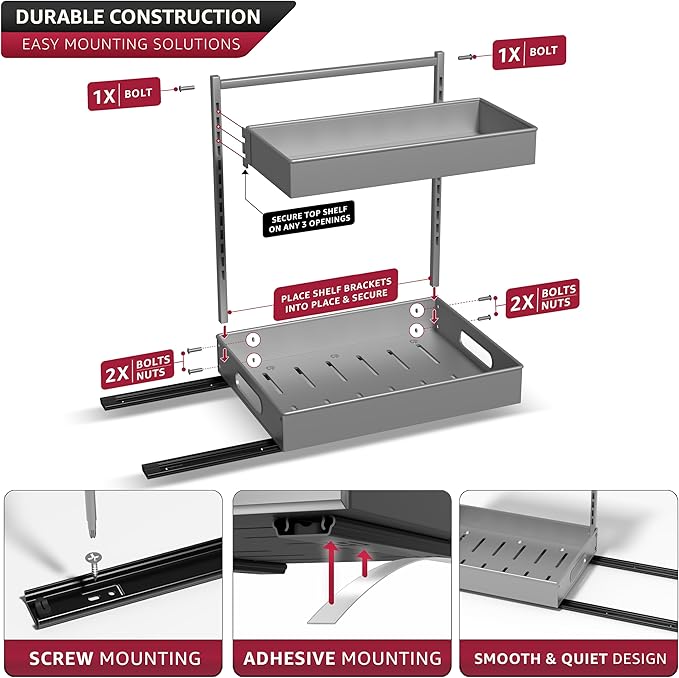 Sorbus Under Sink Organizer with Sliding Tracks – Pull Out Cabinet Organizer with Drawer & Installation Rails – Under Cabinet Bathroom Storage Organizer for Kitchen, Pantry, or Vanity –Silver 1 Pack