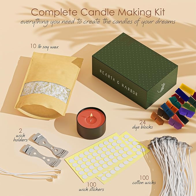 Hearth & Harbor Natural Soy Wax and DIY Candle Making Supplies - 10 Lbs Soy Candle Wax Flakes, 24 Candle Wax Dye Blocks, 100 Cotton Wicks, and 2 Metal Centering Device