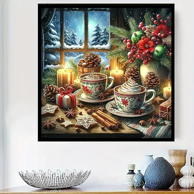Christmas Family Candle Cup Diamond Art Kits for Adults, 5D Diamond Painting Kits for Adults Beginners, DIY Full Round Drill Diamond Dot Painting Gem Art Kits for Adult, Home Wall Decor 13.8x13.8 Inch