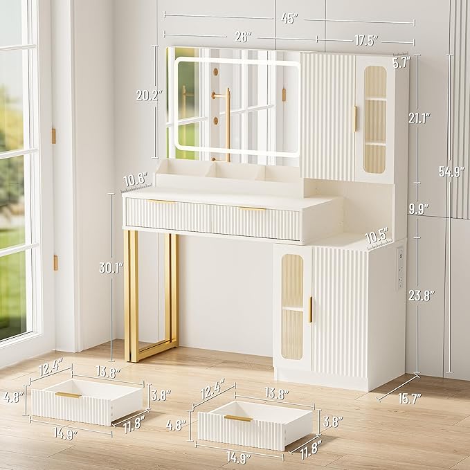 Makeup Vanity Desk with Mirror and Lights, Makeup Desk with 5 Shelves& 2 Storage Cabinet, Vanity Table with Power Outlet, 3 Color Adjustable Lighting Dressing Table Set for Bedroom