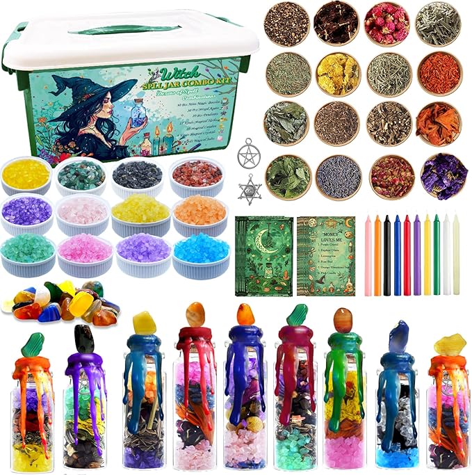 Ainswei Witch Spell Jar Kits,Witchcraft Supplies 145 PCS, Witchcraft Starter Kit Include Spell Candles Crystals Dried Herbs Gift, Versatile Tools Gifts for Beginner Experienced Witch