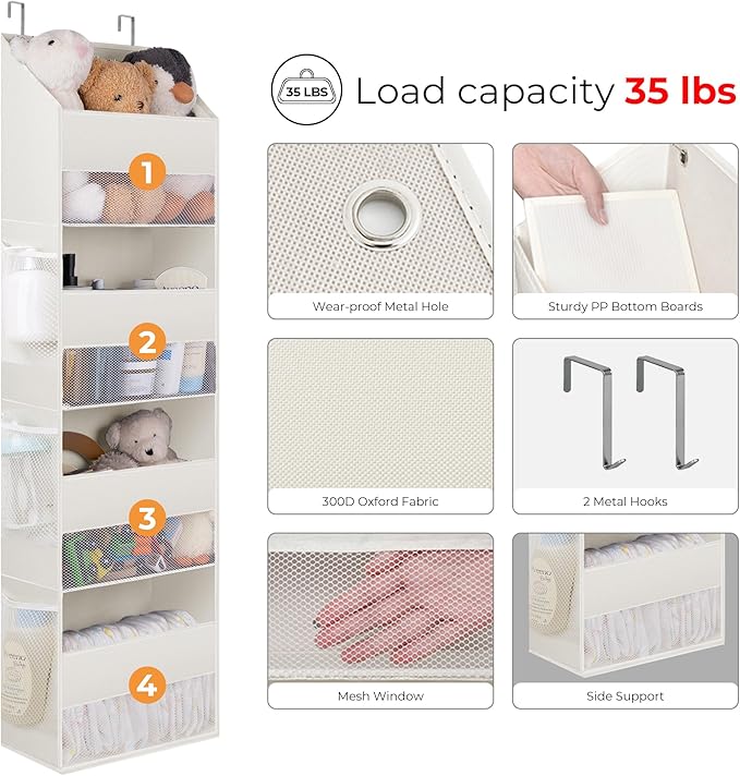 GRANNY SAYS Over the Door Organizer, 4-Shelf Behind the Door Storage with 6 Pockets and Clear Window, Waterproof Anti Tilt 35lb Large Capacity Hanging Organizer for Baby Diapers, Toys, Beige