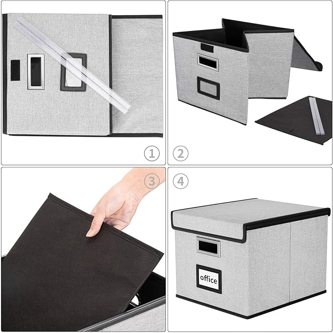 Huolewa Collapsible File Storage Organizer Boxes with Lids, Portable Large Linen Hanging Filing Storage Boxes, Decorative Home/Office Filling System for File and Folder Storage (Grey)-2 Pack