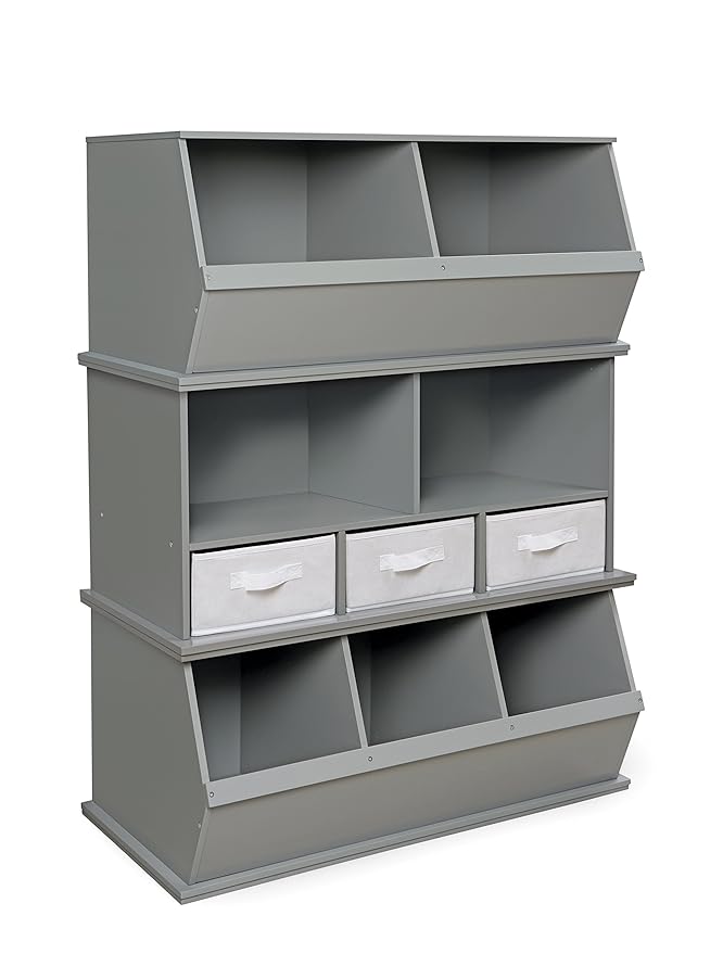 Badger Basket Stackable Toy Storage Organizer - 5-Shelf Modular Unit with 3 Removable Fabric Bins, Solid Panel Construction, Expandable Design for Toys and Crafts - Gray