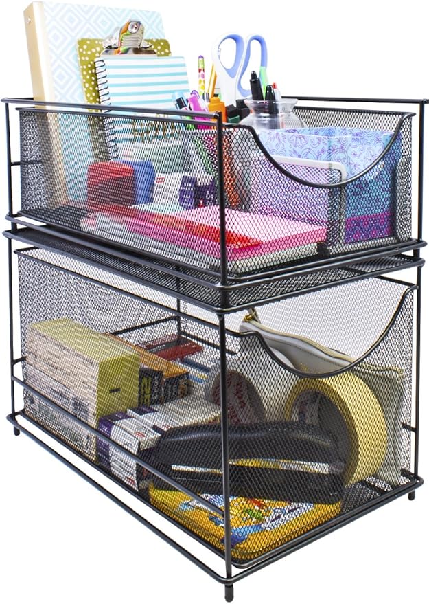 Sorbus® Cabinet Organizer Drawers— Mesh Storage Organizer with Pull Out Drawers—Ideal for Countertop, Cabinet, Pantry, Under the Sink, Desktop and More (Black Bottom Drawer)