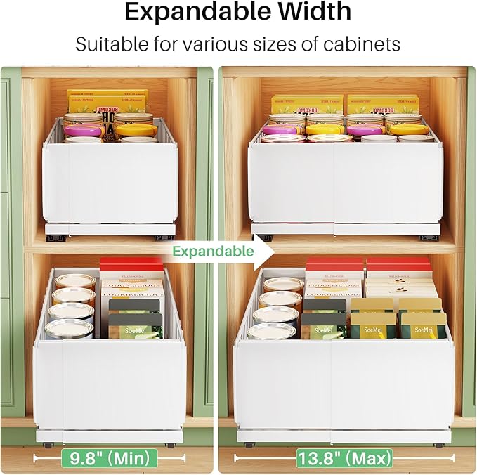 Pull out Cabinet Organizer, 1-Pack Expandable Width(9.8"-13.8") Heavy Duty Slide out Drawers with Raising Pad for Framed Cabinets, Adhesive Roll Out Shelves for Pantry, Kitchen,Bathroom Storage(White)