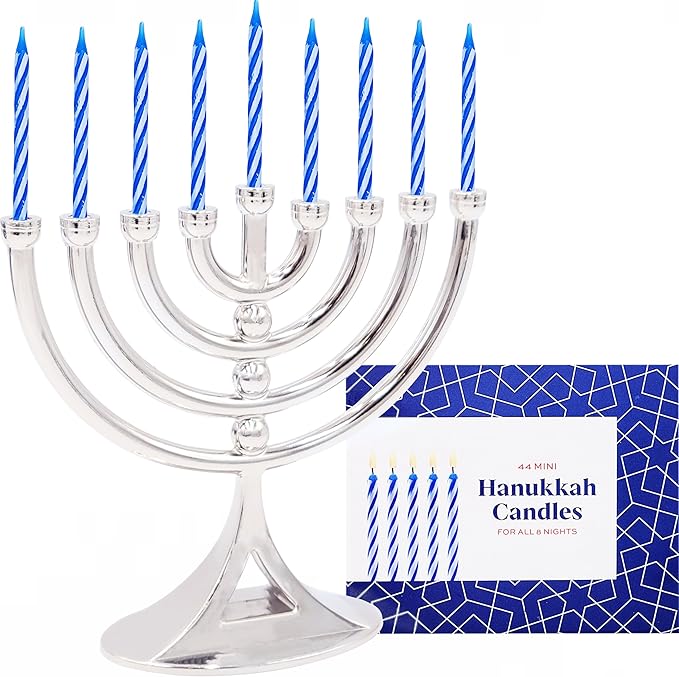 The Dreidel Company Hanukkah Silver Mini Menorah with Candles Classic 5 inch Great for Travel, Hanukkah Decor Centerpiece