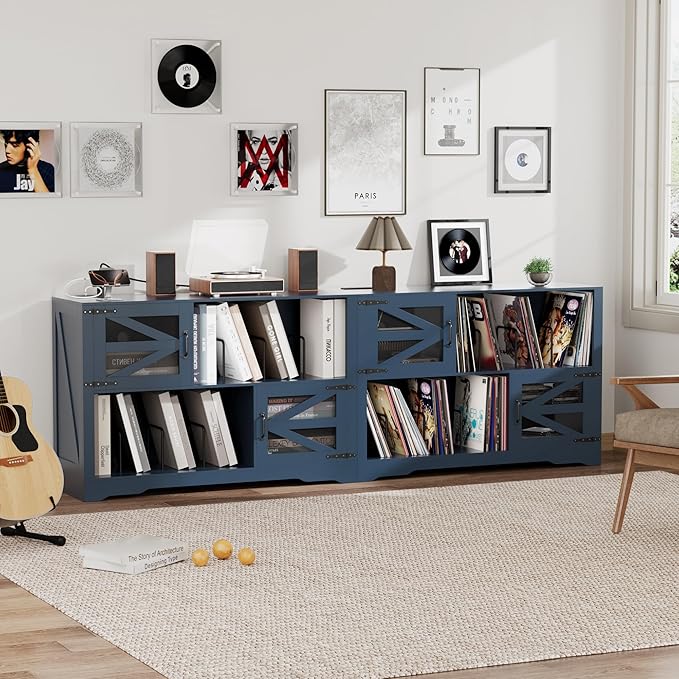 Large Record Player Stand with Vinyl Storage, 500+ Vinyl Record Storage Cabinet, 47 Inch Record Player Table with Power Outlet, Farmhouse Wooden Turntable Stand for Living Room, Blue