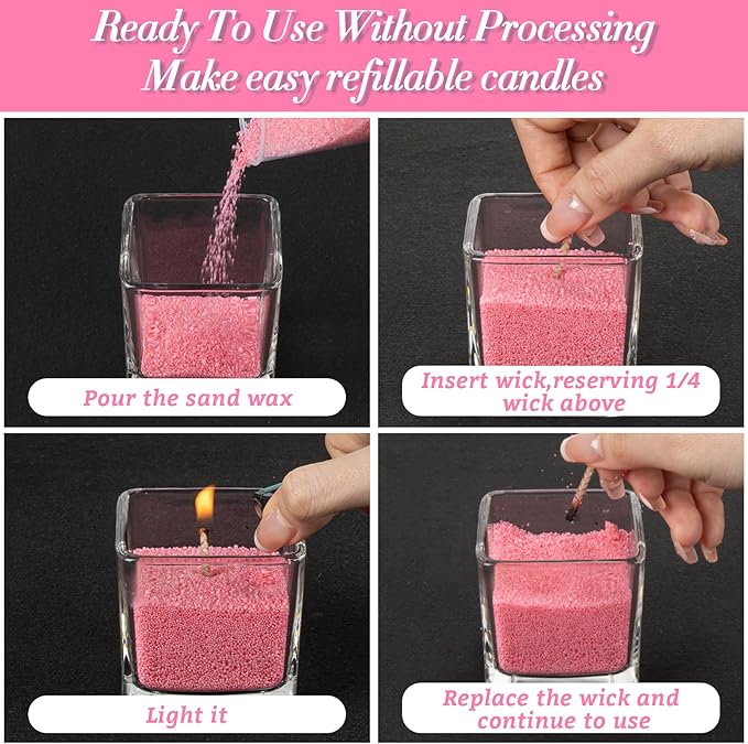 Sukh Pink Candle Sand Wax with Wicks and Wick Tabs- 450g DIY Pearled Candle Wax, Refillable Pearled Sand Candles with Wicks, for Valentine's Day, Wedding, Dating