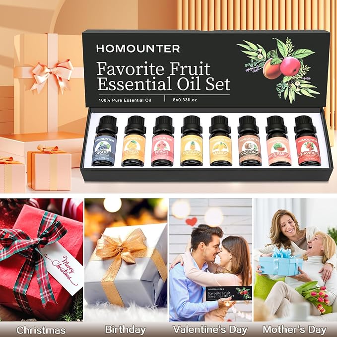 Fruit Essential Oil for Diffusers Natural Fruity Fragrance Oil for Candle & Soap Making - Grape, Citrus and More Diffuser Oils Scents for Home, Summer Aromatherapy Oils Set - 8 Pack, 10ML