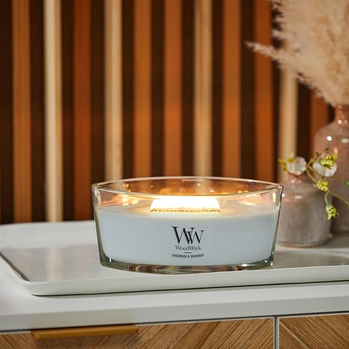 WoodWick Sagewood & Seagrass Gifts for Women and Men, 16 oz Ellipse Candle with Crackling Wick
