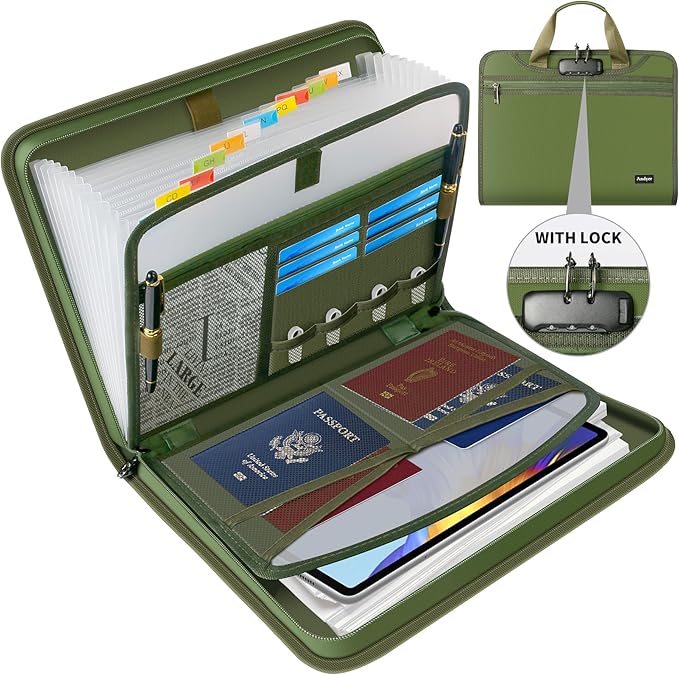 Andyer Accordion File Organizer with Lock, Fireproof Expanding File Folder with Tabs, 13 Pockets Important Document Organizer with Handle, Portable Paperwork Business Organizer, Letter/A4-Size (Green)