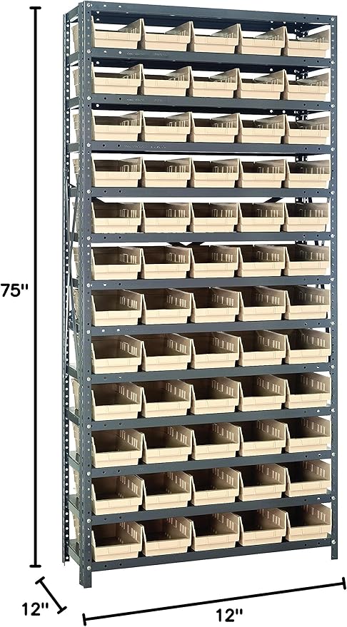 Quantum Storage Systems 1275-102IV Steel Shelving Unit with 4" Shelf Bins, 12" D x 36" W x 75" H, Ivory