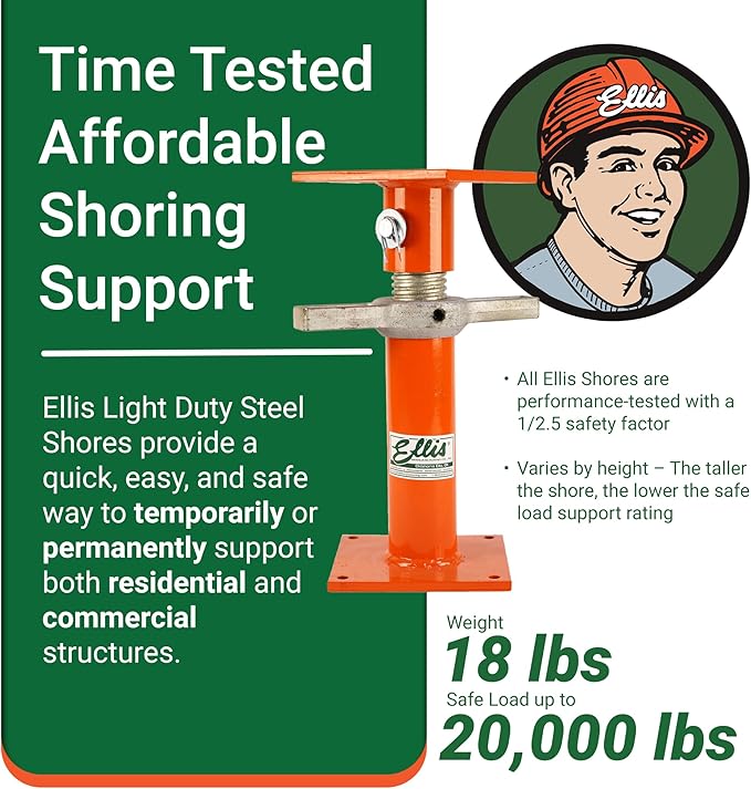 Ellis Manufacturing Light-Duty Steel Construction Jack - Adjustable Screw Jack Post for Floor Leveling, Beams, and Concrete - 20,000 lb Load Capacity - 13"-17" Adjustment, House Jacks for Leveling