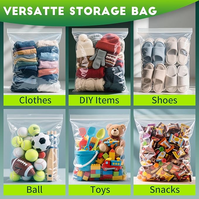 TUXIYA 24PACK 20 Gallon Extra Large Zipper Plastic Bags for Storage 24'' x 32'',Extra Large Clear Zipper Bags Reusable for Clothes, Home Moving, Travel, Camping, Thick 6 Mil