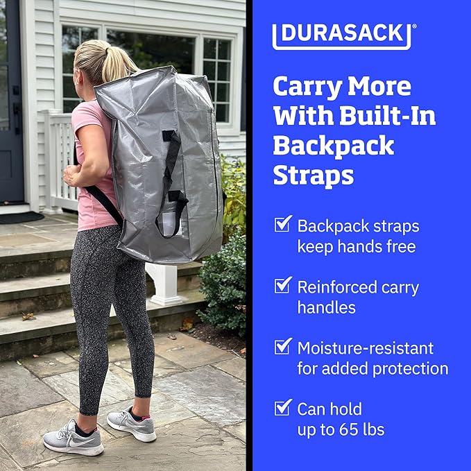 DURASACK Heavy Duty Moving Bag Storage Container Duffle Bag with Zipper, Reinforced Carry Straps and Backpack Straps, Made of Rugged Woven Polypropylene, Pack of 4, Gray