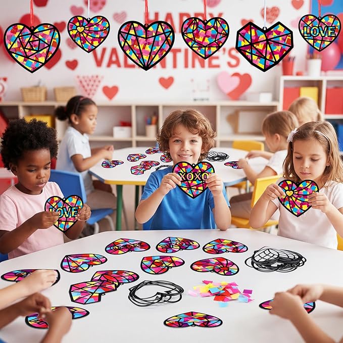 Tinlade 48 Set Valentine's Day Suncatchers Crafts Kit Valentines Heart DIY Window Stained Glass Tissue Paper Red Love Hanging Ornaments Make Your Own Suncatcher Summer Home School Classroom Activities