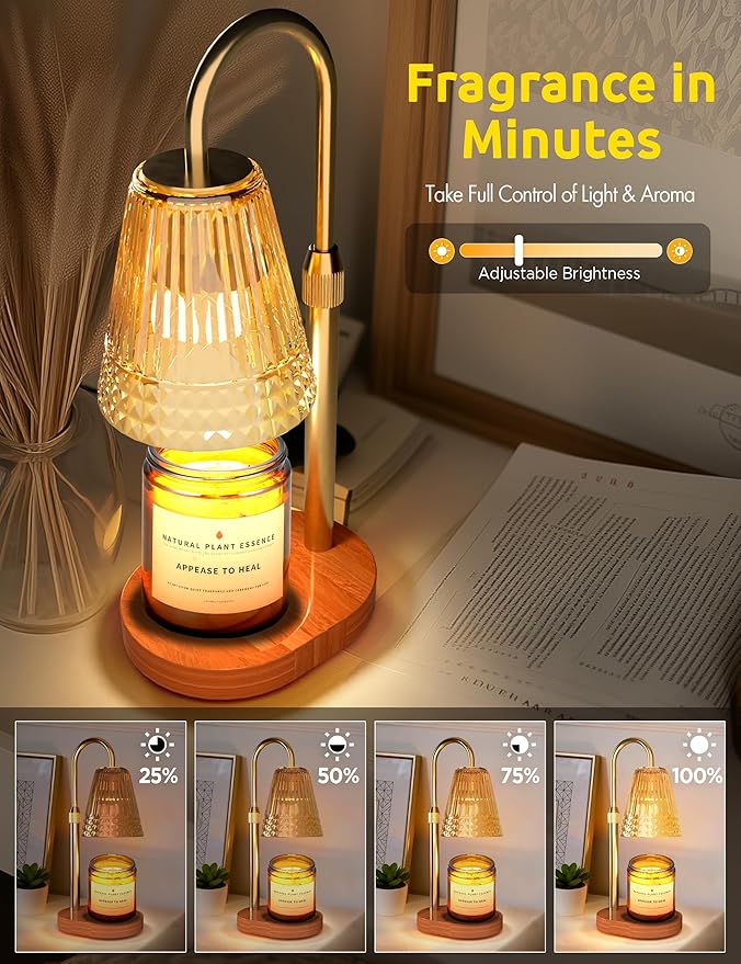 Candle Warmer Lamp with Timer, Dimmable Candle Lamp Warmer, Height Adjustable, Birthday Gifts for Women Mom, Vintage Home Decor for Scented Jar-Gold