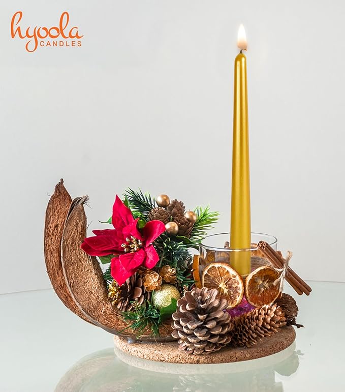 Hyoola Tall Taper Candles - 10 Inch Metallic Gold Dripless, Unscented Dinner Candle - Paraffin Wax with Cotton Wicks - 8 Hour Burn Time (Pack of 12)