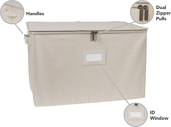 Covermates Keepsakes Zip-Top Storage Box Set, 3 Pack Heavy Duty Polyester Organizer Bins, Stackable Design, ID Window, Reinforced Handles, Closet Home Storage, Beige Heather
