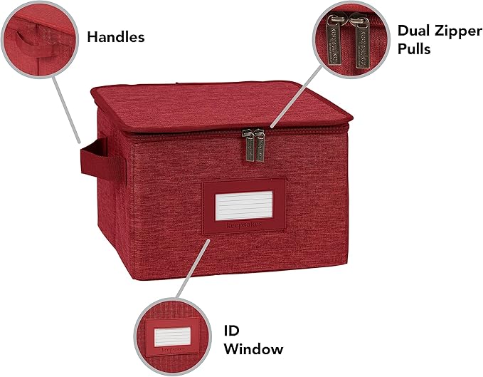Covermates Dish Storage Box – China & Dinner Plate Storage Container with Dual Zippers, Reinforced Handles, ID Window & Stackable Structured Walls for Dishware Organization, Red Heather