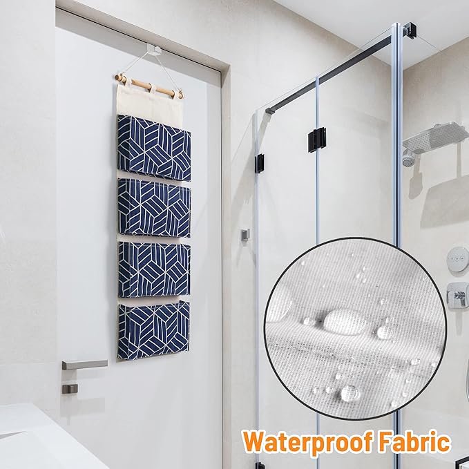 CROWNED 2Pcs Over Door Hanging Storage Bags Wall Mount Closet Organizer, 4 Big Pockets Linen Cotton Fabric Multi Functional Living Room Bedroom Bathroom File Magazine Waterproof Free Hooks Navy