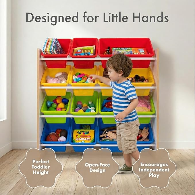 Humble Crew Kids Toy Storage Organizer with 12 Plastic Bins, White/Primary – Removable Bins for Playroom, Bedroom, Toddler Furniture for Boys and Girls Ages