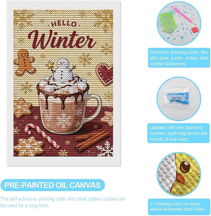Diamond Painting Kits for Adults - Hello Winter Ice Cream & Gingerbread Snowflakes & Candles Painting DIY 5D Full Drill Diamond Dots Paintings with Diamonds Gem Art And Crafts Home Decor 8"x12"