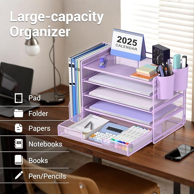 OPNICE Desk Organizer, 5-Tier Paper File Organizer with Drawer & Pen Holder, Office Desk Accessories, Workspace Desktop Organizer for Office Supplies(Purple)