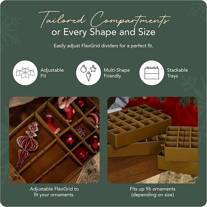 Covermates Keepsakes Adjustable Ornament Storage Bag – Heavy-Duty Polyester, Padded Dividers & FlexGrid Trays – Protective Holiday Ornament Organizer with Handles & Label Window, Green Snowflake