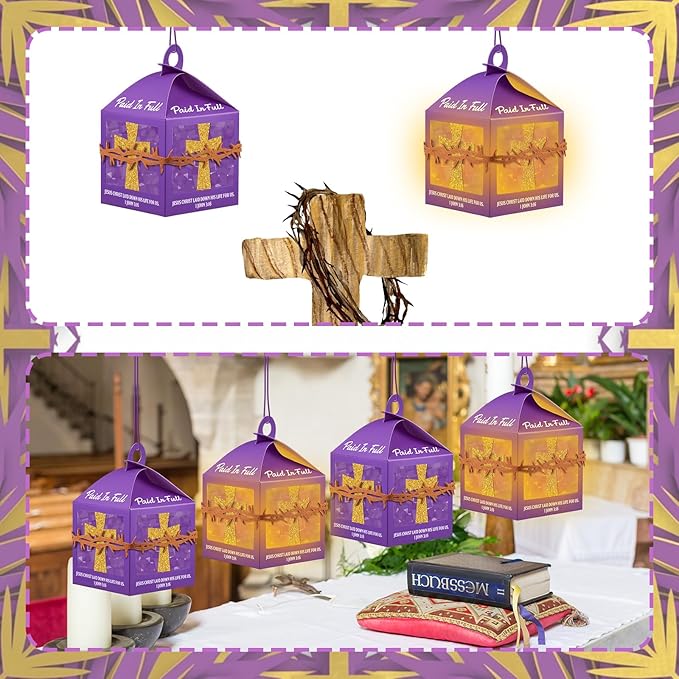 Simgoing 12 Sets Religious Easter Crafts Bulk Christian Cross Lanterns Crafts with LED Lights Glitter Cross Tissue Paper Lanterns for Easter Church VBS Sunday School Classroom Activities