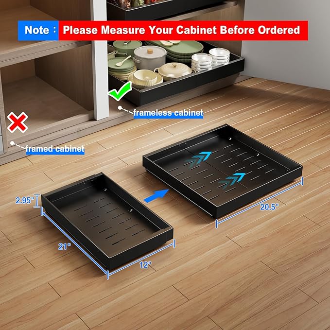 MUSTORN 2 Pack Pull Out Cabinet Organizer Expandable, 21"Deep Slide Out Drawer for Cabinets Adhesive Pull Out Drawers Heavy Duty Pull Out Shelves for Kitchen, Cupboard, Pantry, Bathroom(Black)