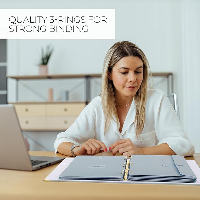 Sturdy Document Organizer Set with Folders - Beautiful Linen 3-Ring Binder Safely Stores All Important Documents & Files in One Place - Easy to Use Expanding Storage Incl. Envelopes, Pockets & Labels