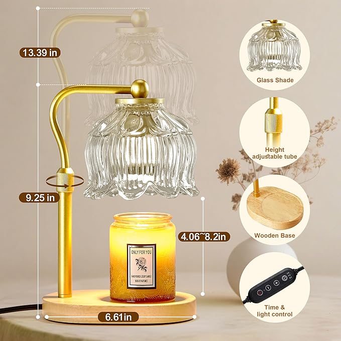 CASTLELIFE Candle Warmer Lamp with Timer & Stepless Dimming, Height Adjustable Electric Wax Warmer for Jar Candles, Flower Wax Melter with Wood Base, Gifts for Women Home Decor, Natural Wood