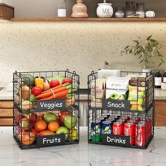 JKsmart Pantry Organizers and Storage, 4 Pack XL Stackable Wire Baskets with NamePlates, Metal Storage Bins for Snack Can Fruit Vegetable Spice