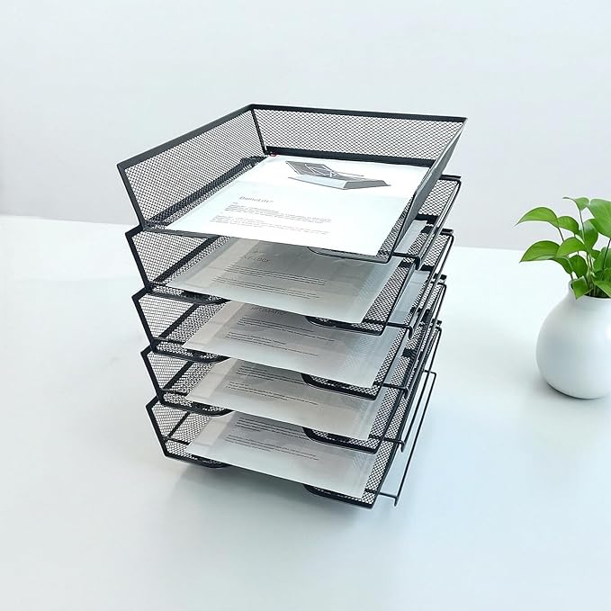 5 Tier Letter Tray Desk File Organizer,Metal Paper Organizer for Office Supplies,Black