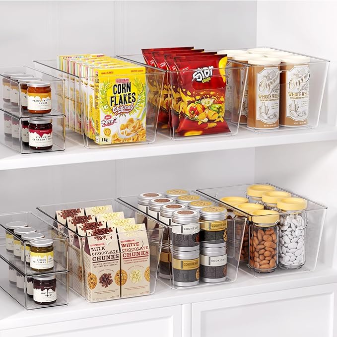 12 Pack Large Clear Plastic Storage Bins, Refrigerator Cabinet Organizers with Handles for Pantry Organization and storage, Perfect for Home Organization, Kitchen, Laundry, Office& Garage