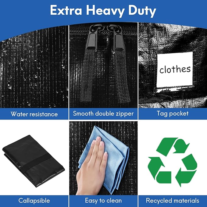 2-Pack Extra-Large Heavy-Duty Storage Totes with Reinforced Handles, Durable Zippers & Waterproof Material — Perfect for Space-Saving, Moving, Shipping and Travel (Black)