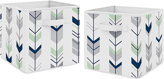 Sweet Jojo Designs Navy Blue and Mint Woodland Mod Arrow Foldable Fabric Storage Cube Bins Boxes Organizer Toys Kids Baby Childrens for Collection Set of 2